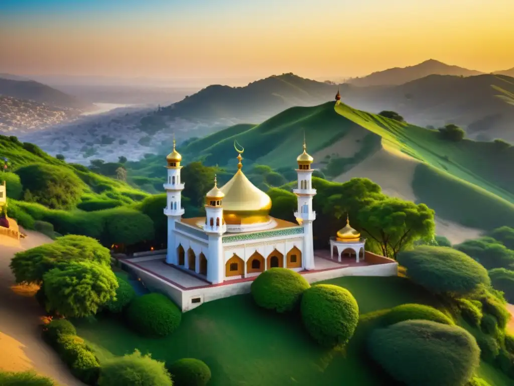 Majestuoso santuario Sufi al atardecer, rodeado de colinas verdes