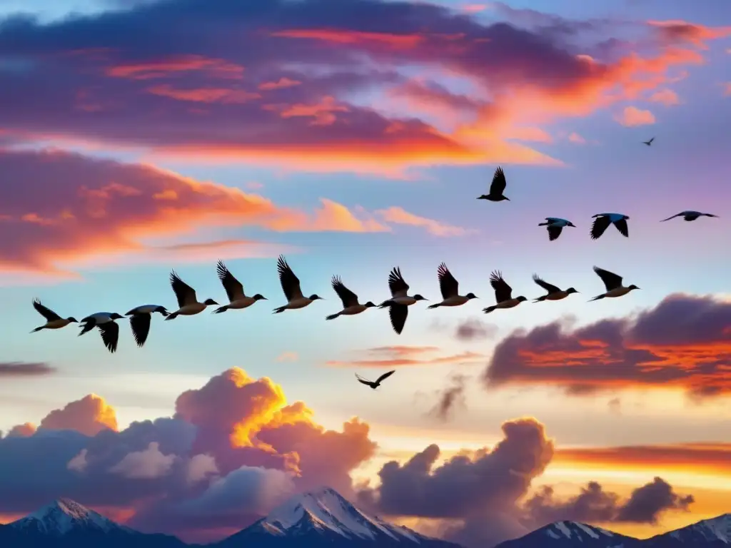 Un majestuoso vuelo de aves coloridas se despliega en el cielo al atardecer, evocando la poesía sufí de Attar interpretada