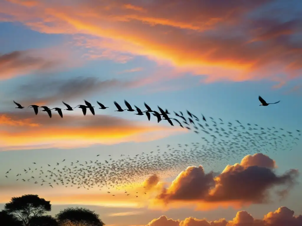 Un majestuoso vuelo de aves en un vibrante atardecer, simbolizando la belleza y unidad en 'El lenguaje de los pájaros'