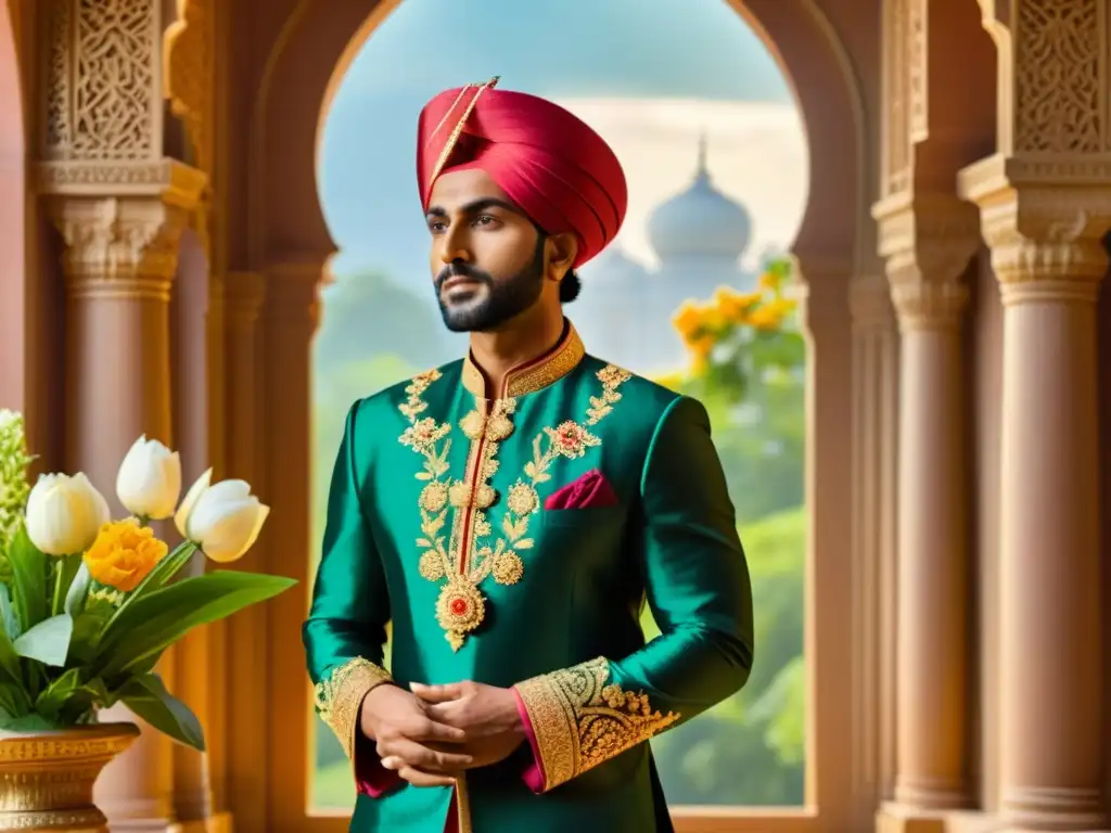 Malik Ambar, esclavo africano convertido en regente en India, irradia determinación frente a un palacio exuberante y soleado