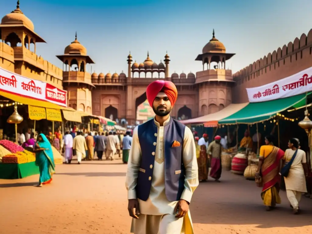 Malik Ambar esclavo africano regente India, en mercado indio con fuerte al fondo, vistiendo atuendo tradicional