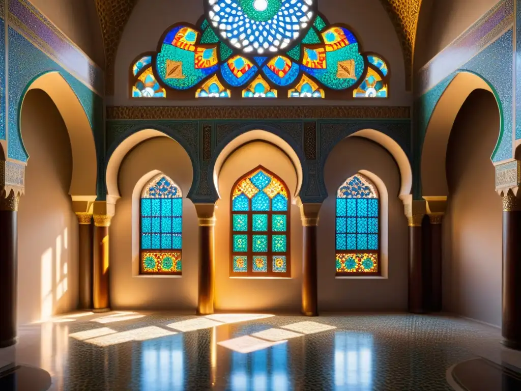 Manifestaciones artísticas en el Islam: Detalle de un mosaico islámico histórico, con patrones geométricos y colores vibrantes, iluminado por la luz solar