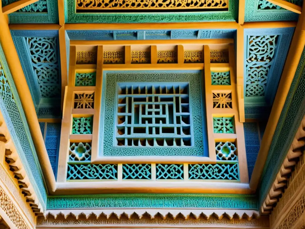 Manifestaciones artísticas en el Islam: Intrincados patrones geométricos en azul, verde y oro adornan la Alhambra, evocando asombro y belleza