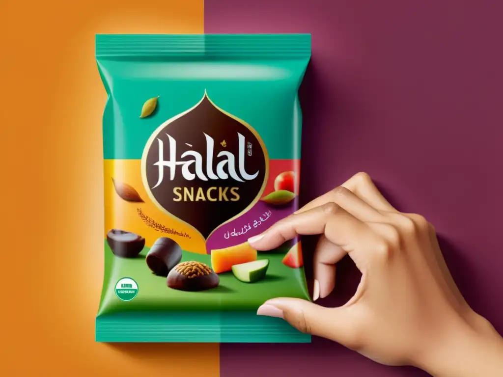 Mano elegante alcanzando un paquete de snacks Halal con caligrafía árabe