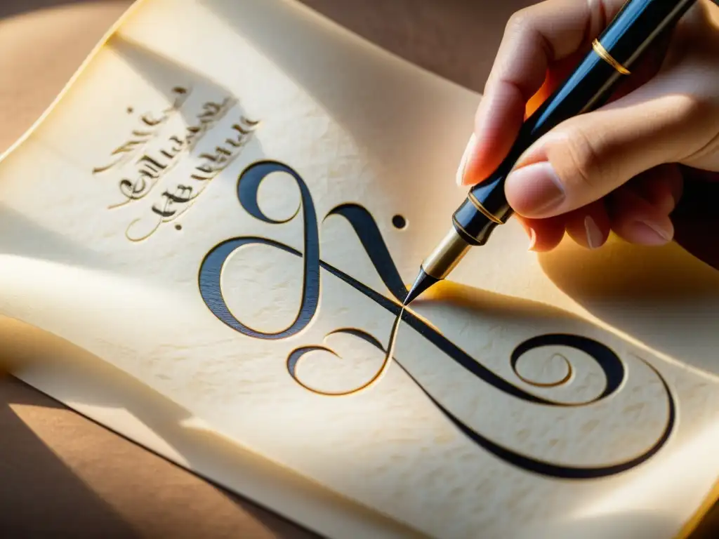 Mano de calígrafo árabe en línea escribiendo con pluma de caña, sobre pergamino crema, capturando la elegancia y destreza en las fluidas letras