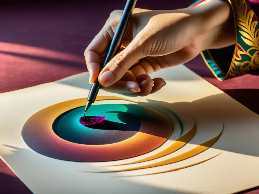 Una mano de calígrafo maestro sostiene una pluma decorada, sumergida en vibrantes tintas, listo para crear caligrafía islámica