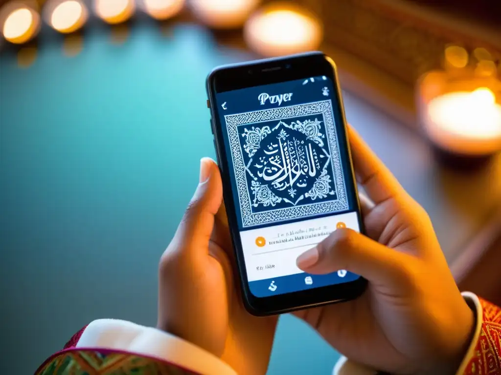 Mano sosteniendo smartphone con app de oración islámica, henna y espacio de oración