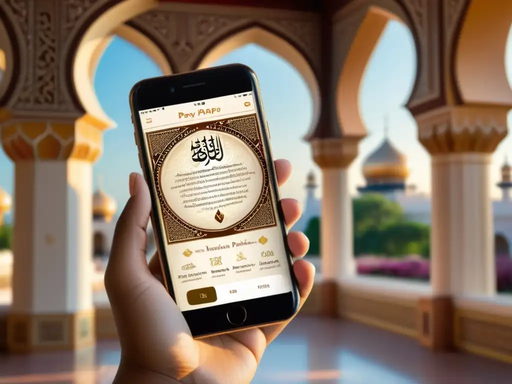 Una mano sostiene un smartphone con una app de oración musulmana y funcionalidades únicas, con patrones de henna y una serena mezquita de fondo