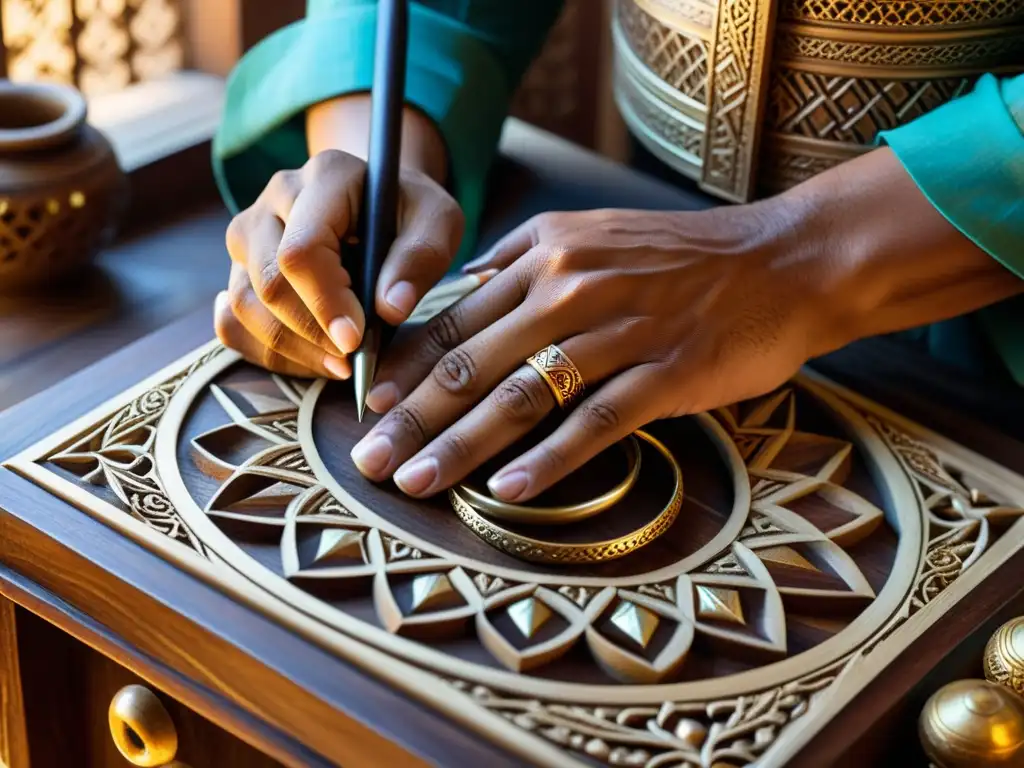 Las manos del hábil artesano musulmán esculpen patrones en madera oscura, iluminadas por la cálida luz del taller tradicional