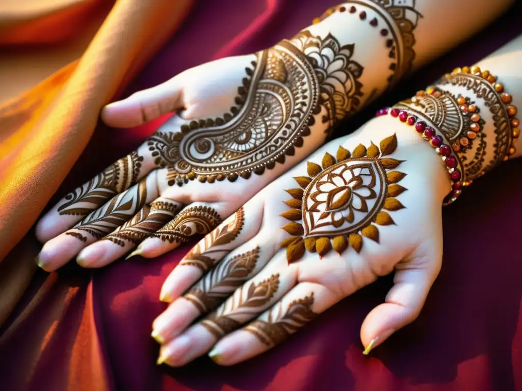 Manos bellamente decoradas con diseños de henna, resaltando el significado cultural de la henna en la tradición artística