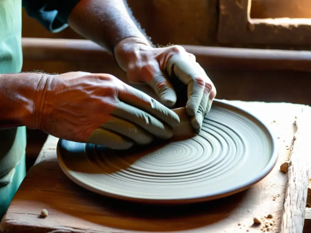 Las manos expertas de un artesano moldean con precisión una placa de cerámica tradicional de Hebrón