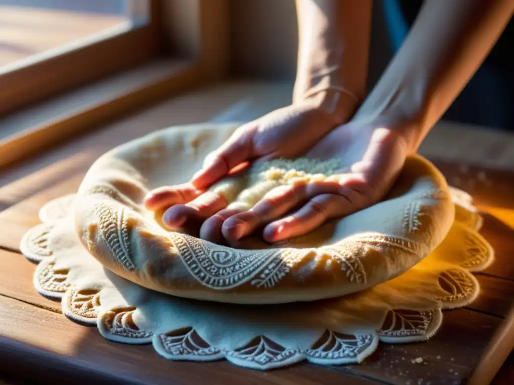 Unas manos amasan suavemente la masa en una superficie de madera con ingredientes de panificación Halal para respetar leyes islámicas