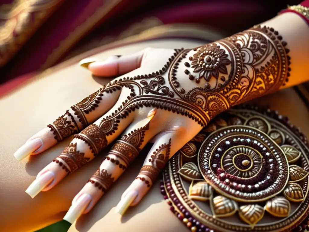 Las manos de una mujer decoradas con intrincados diseños de henna, exudando belleza y significado cultural de la henna