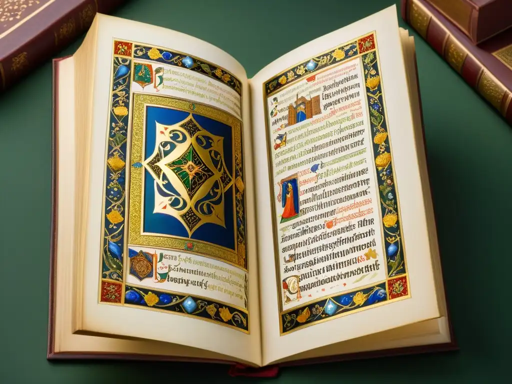 Réplica de manuscrito iluminado biblioteca: detallada imagen fotorealista con intrincados detalles dorados y coloridas ilustraciones medievales