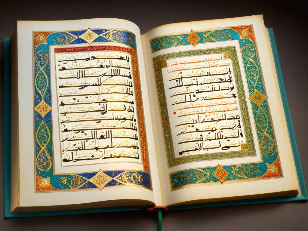 Manuscrito iluminado con caligrafía árabe, reflejando la preservación de textos en el Islam