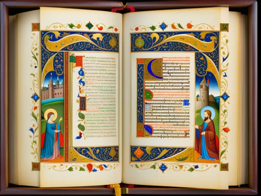 Réplica de manuscrito iluminado detalladamente creado, con escena medieval vibrante, colores y detalles enmarcados por luz natural