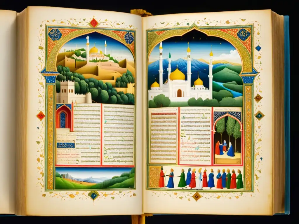 Manuscrito iluminado detallado con escenas de literatura islámica en Europa medieval, con colores vibrantes y caligrafía delicada, transportando al espectador a un mundo medieval de ensueño