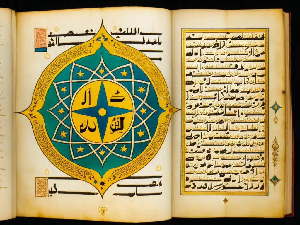 Manuscrito islámico antiguo con alquimia y texto en árabe, envejecido pero vibrante, reflejando la transición de la magia a la medicina Islam