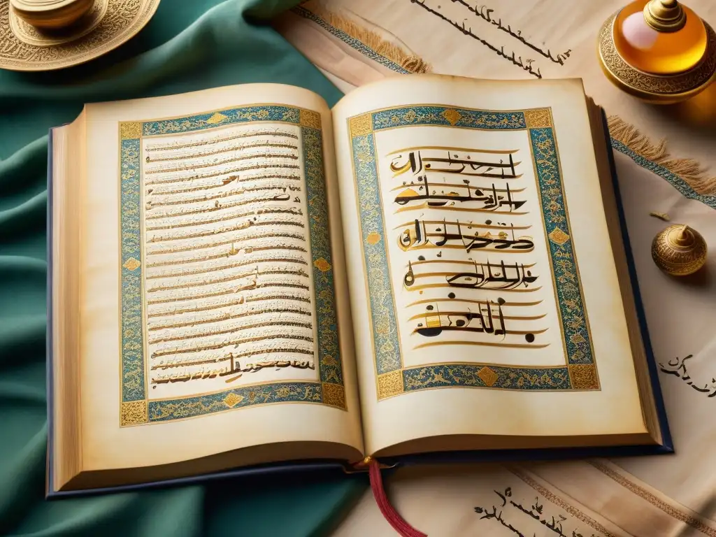 Manuscrito islámico antiguo con caligrafía ornamental, sobre paisaje histórico americano, evocando la historia del Islam en América