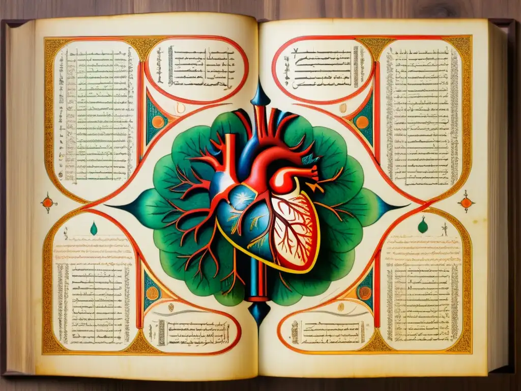 Manuscrito islámico médico antiguo detallado sobre avances en la medicina circulatoria, con ilustraciones y caligrafía vibrante