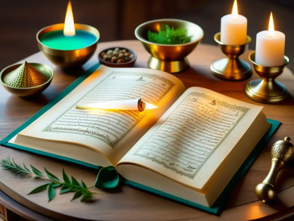 Manuscrito médico islámico antiguo en mesa de madera iluminado por luz de velas, evocando la medicina islámica en la era digital