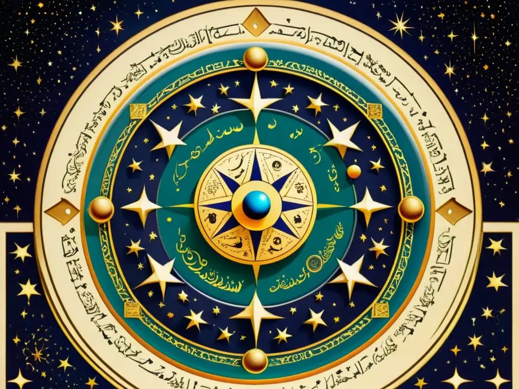 Manuscrito médico islámico detallado con astrología en la medicina islámica y ricas ilustraciones celestiales en colores vibrantes