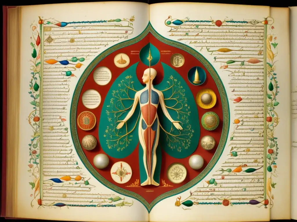 Manuscrito médico islámico detallado con diagramas anatómicos e ilustraciones, exhibiendo innovaciones musulmanas en anatomía y fisiología