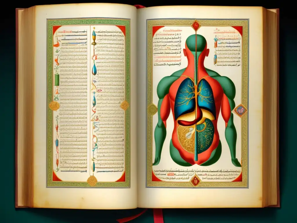 Manuscrito médico islámico con innovaciones en anatomía y fisiología, detallado y colorido, reflejo de la tradición científica y artística musulmana