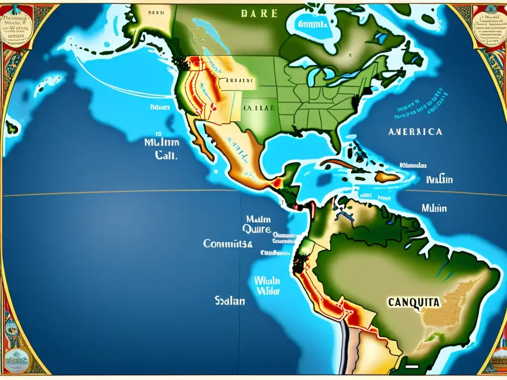 Un mapa detallado de las Américas durante la época de la Conquista que destaca la presencia e influencia de la cultura musulmana