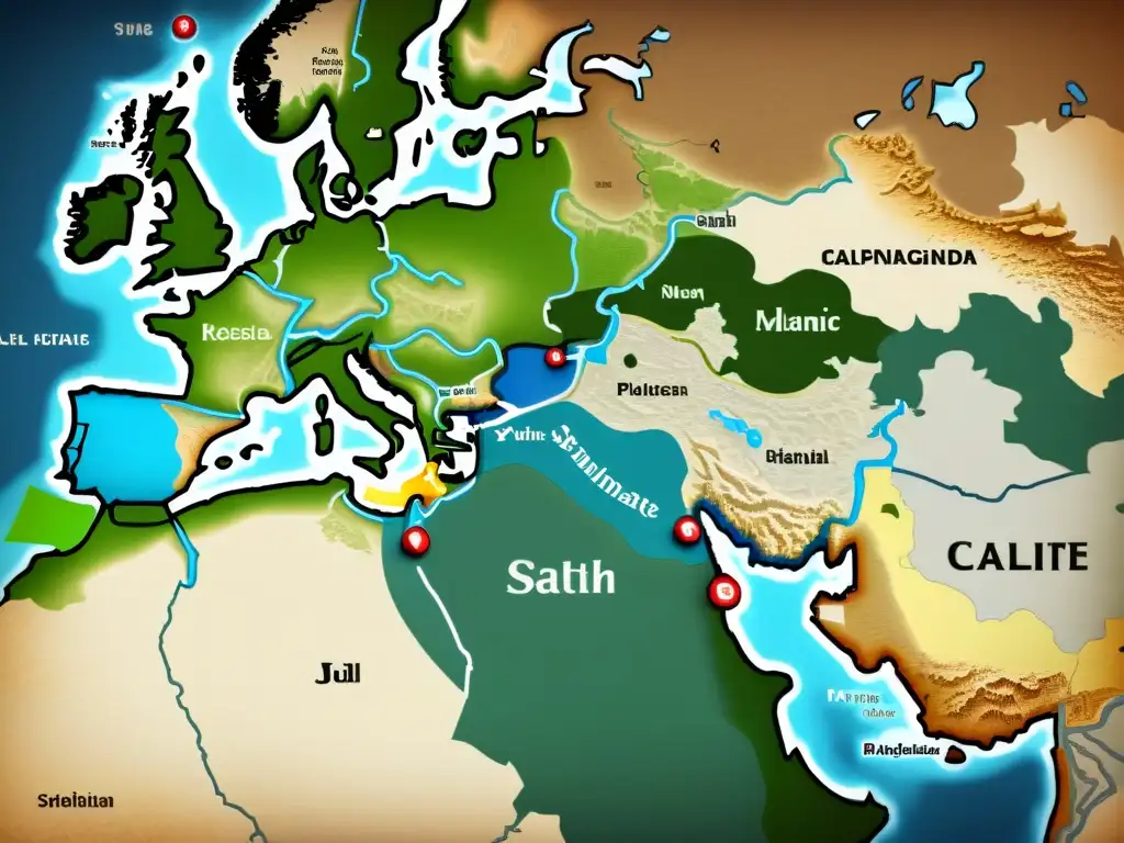 Expansión del Califato Islámico en el Siglo VII: Ilustración Detallada Mapa detallado de la expansión del califato islámico en el siglo VII, con estrategias de conquista y cambios territoriales
