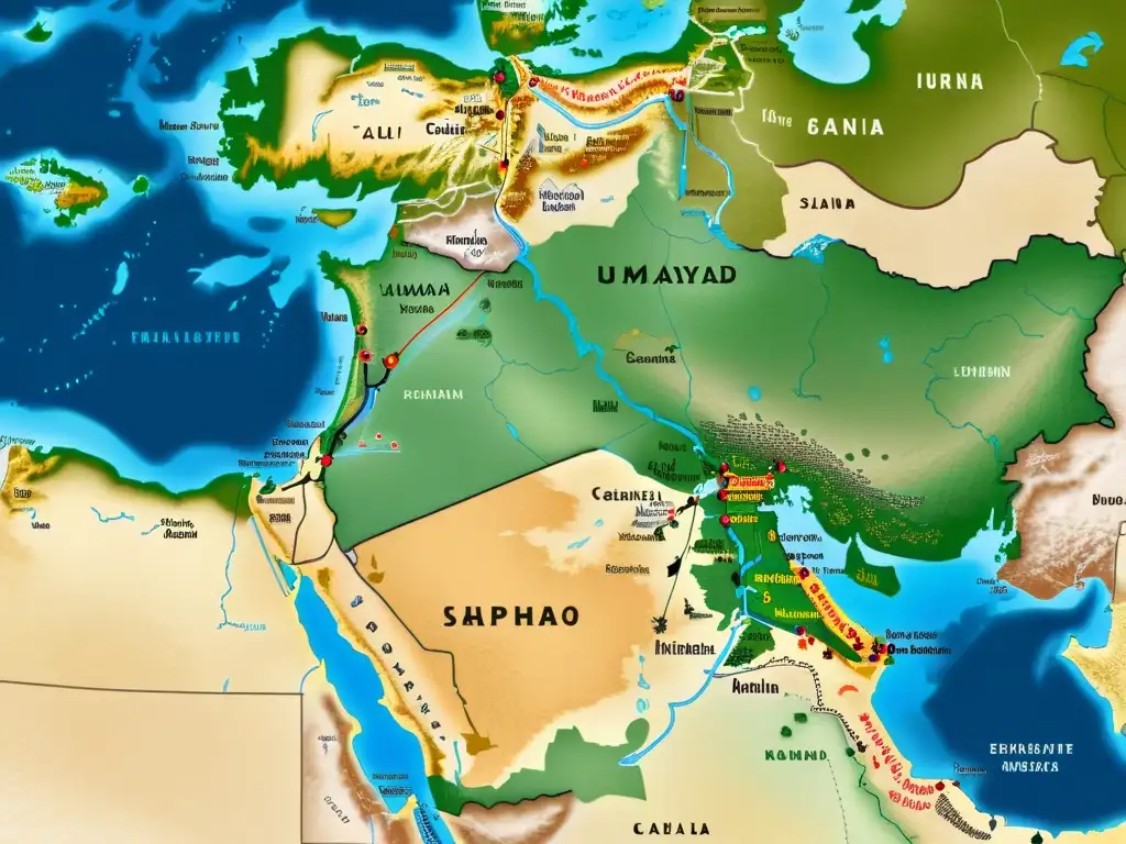 Mapa detallado del Califato Islámico durante la expansión omeya, destacando territorios conquistados, rutas estratégicas y batallas clave