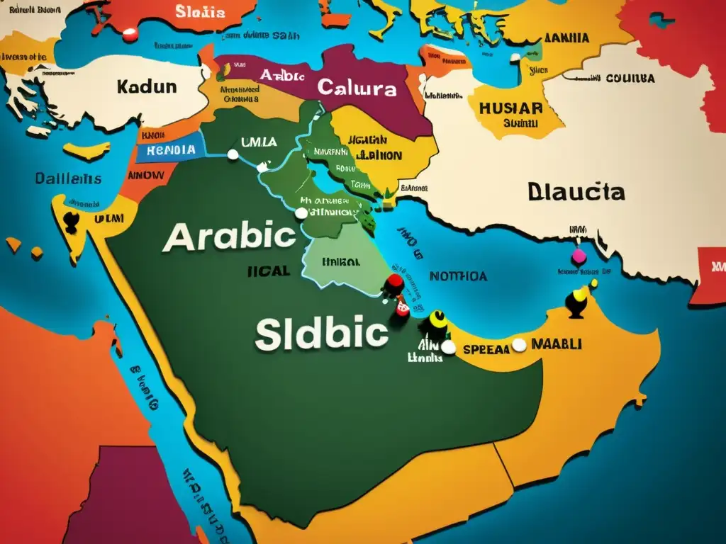 Mapa detallado de la evolución de los dialectos árabes Mapa detallado de la evolución del árabe en dialectos, con colores vibrantes y ricos detalles culturales