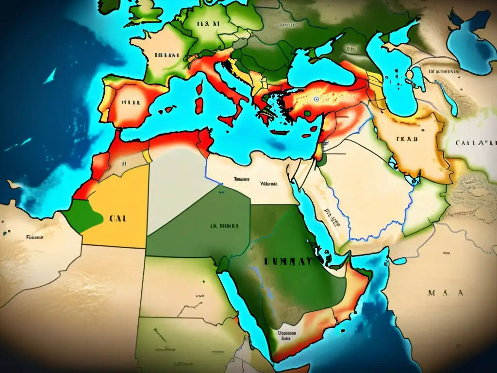 Mapa detallado de la expansión islámica bajo califatos, con colores vibrantes y elementos geográficos, destacando ciudades clave y rutas comerciales