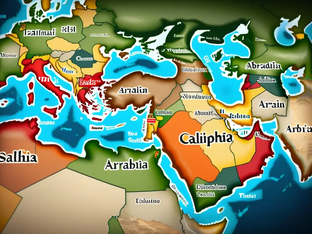 Mapa detallado de la expansión islámica bajo califatos en tonos terrosos, mostrando conquistas, rutas comerciales y intercambios culturales