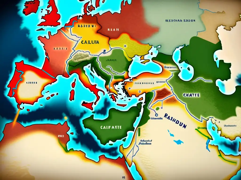 Mapa detallado ilustra la expansión islámica bajo califatos, con colores vibrantes y precisión histórica