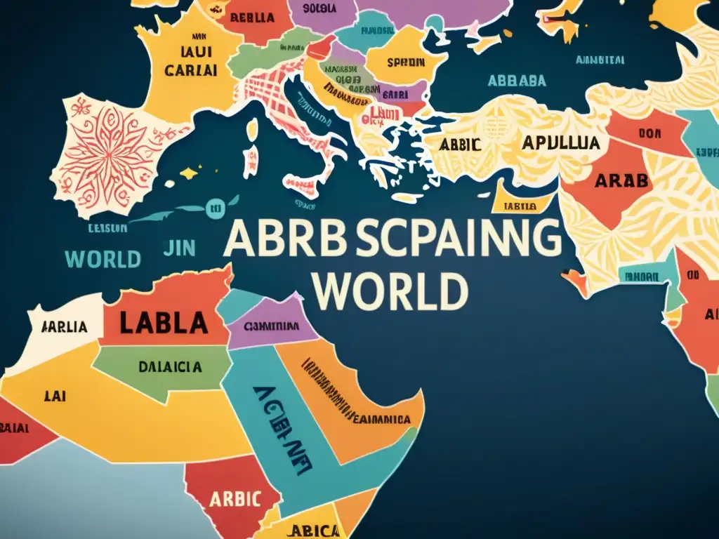 Mapa detallado de dialectos árabes con arte inspirado Mapa detallado del mundo árabe con dialectos y arte inspirado en caligrafía árabe