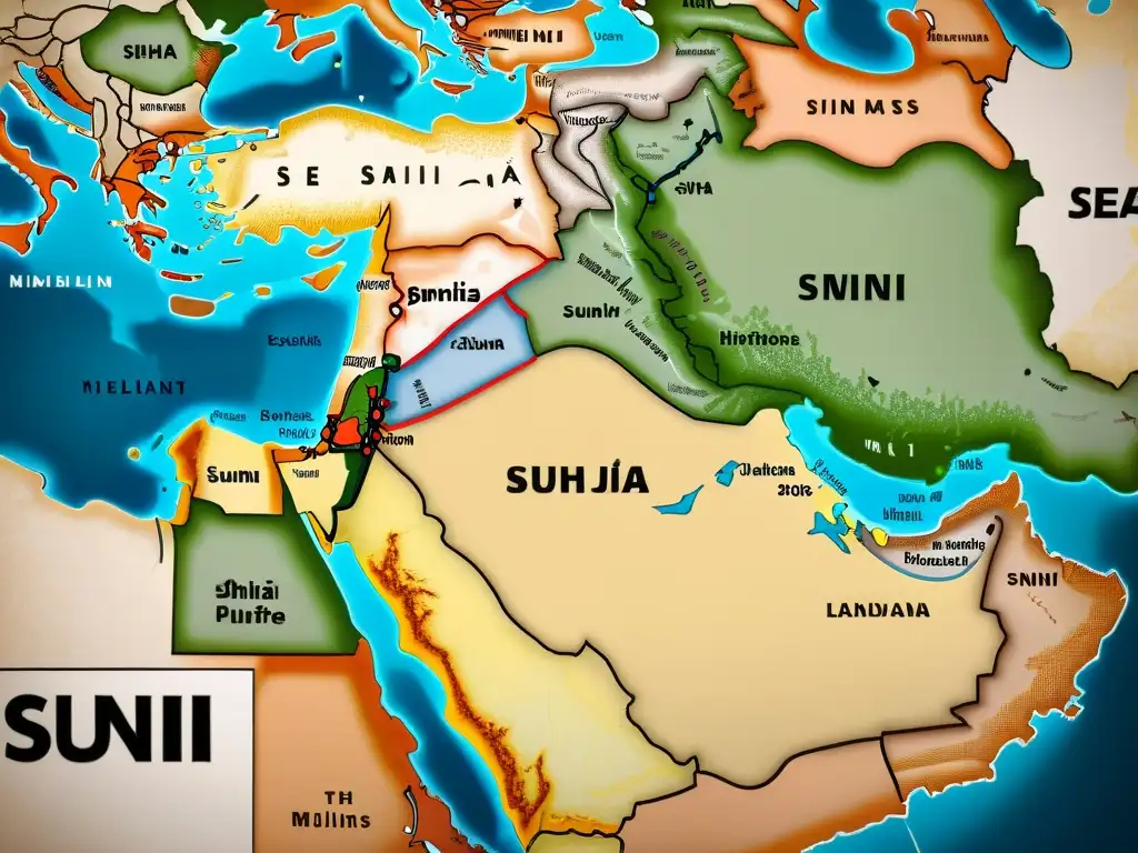 Mapa detallado de la división entre musulmanes sunnitas y chiitas, con territorios y factores políticos