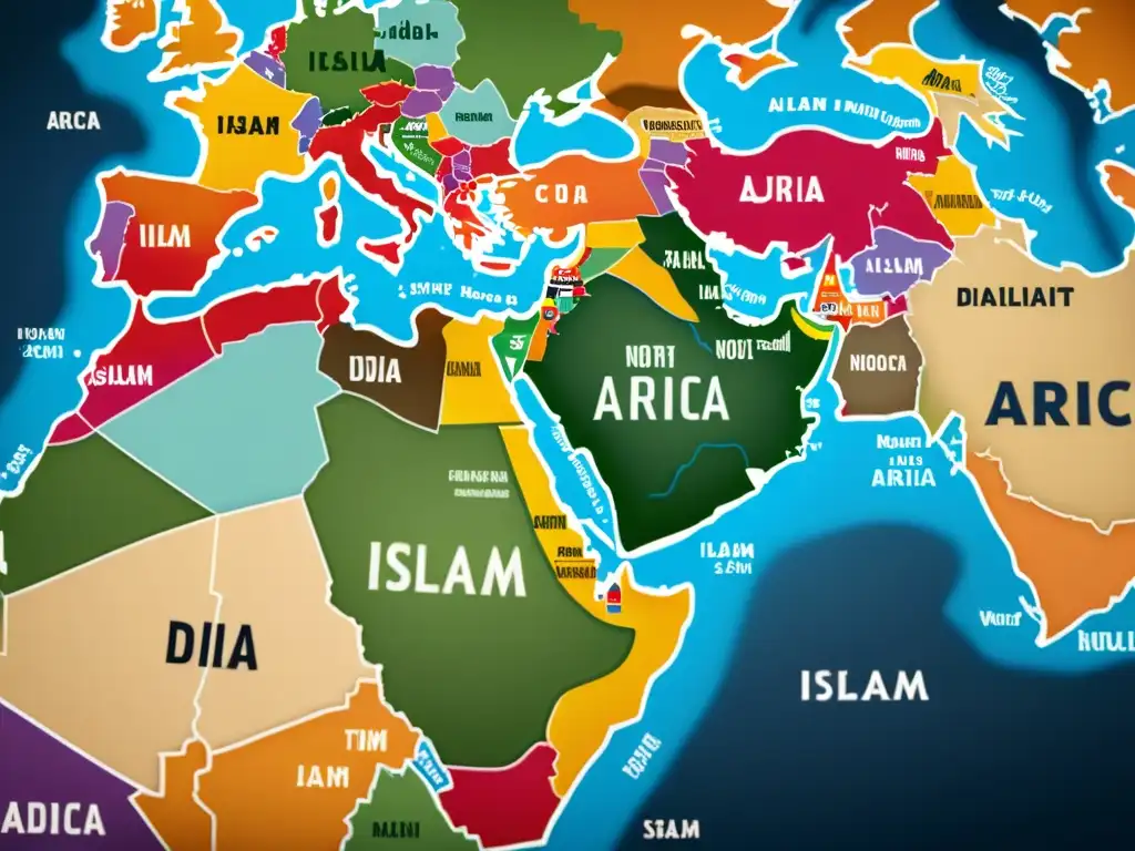 Mapa detallado del mundo árabe e islámico Un mapa detallado del Medio Oriente y África del Norte muestra la evolución del árabe en dialectos, con vibrantes símbolos culturales