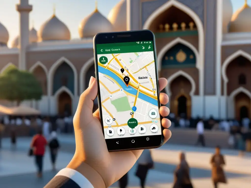 Mapa detallado en pantalla de smartphone con apps esenciales para devociones musulmanas y ubicación de mezquitas en la ciudad