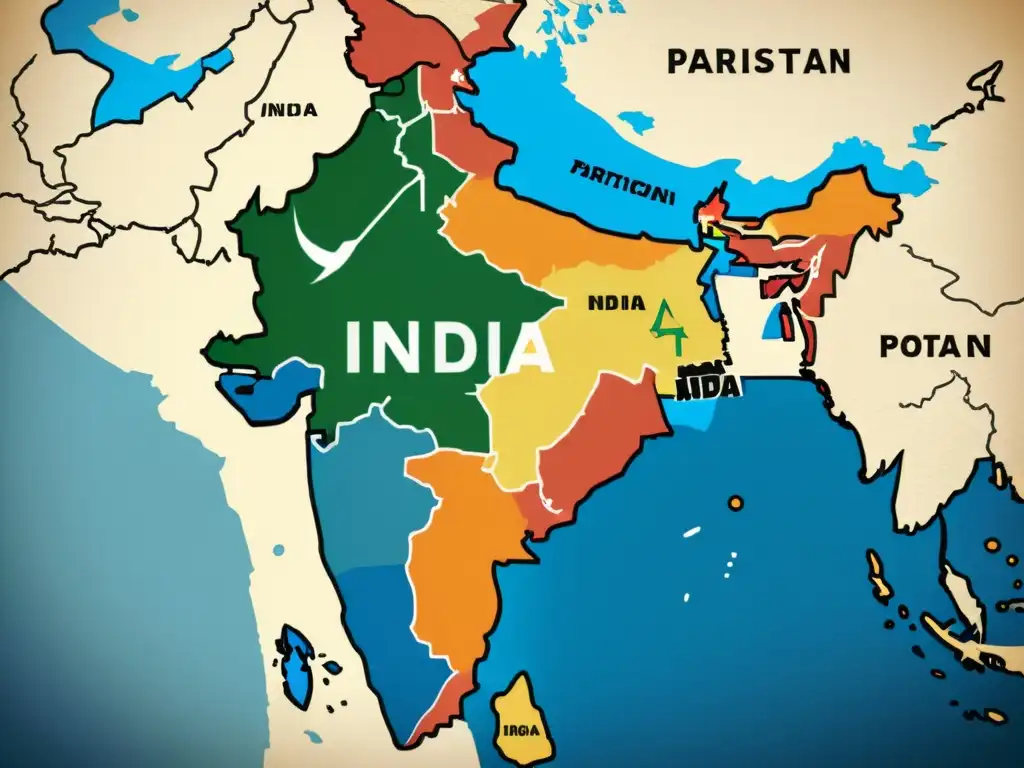 Mapa detallado de la partición de India y Pakistán en 1947, con símbolos islámicos y motivos culturales, representando su impacto en el subcontinente