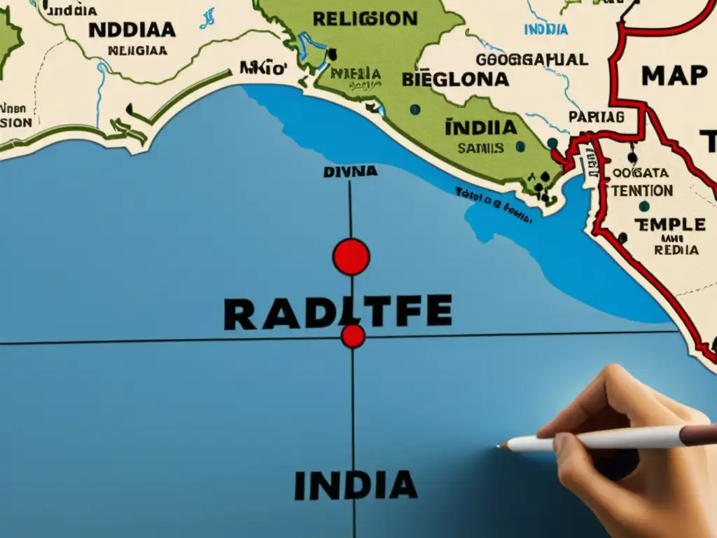 Mapa detallado de la Partición de India con símbolos religiosos