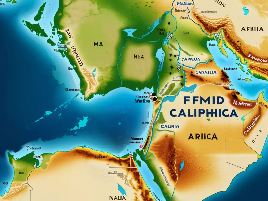 Mapa vibrante del expansión del Califato Fatimí en África del Norte, destacando ciudades y territorios clave, rutas comerciales y conquistas militares