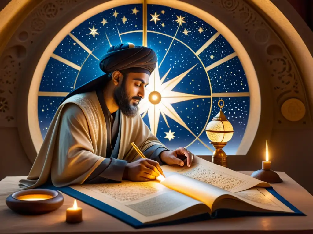 Ibn alShatir creando sus mapas estelares bajo cálida luz de velas, reflejando su influencia en la comprensión del cosmos