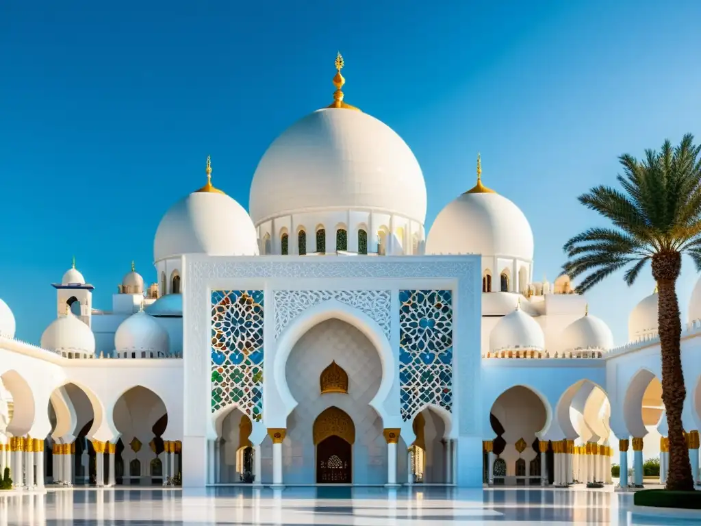 Maravillosa arquitectura contemporánea de mezquitas islámicas en la Gran Mezquita Sheikh Zayed, con cúpulas de mármol y mosaicos florales coloridos, bañada por la cálida luz del sol y destacando detalles exquisitos