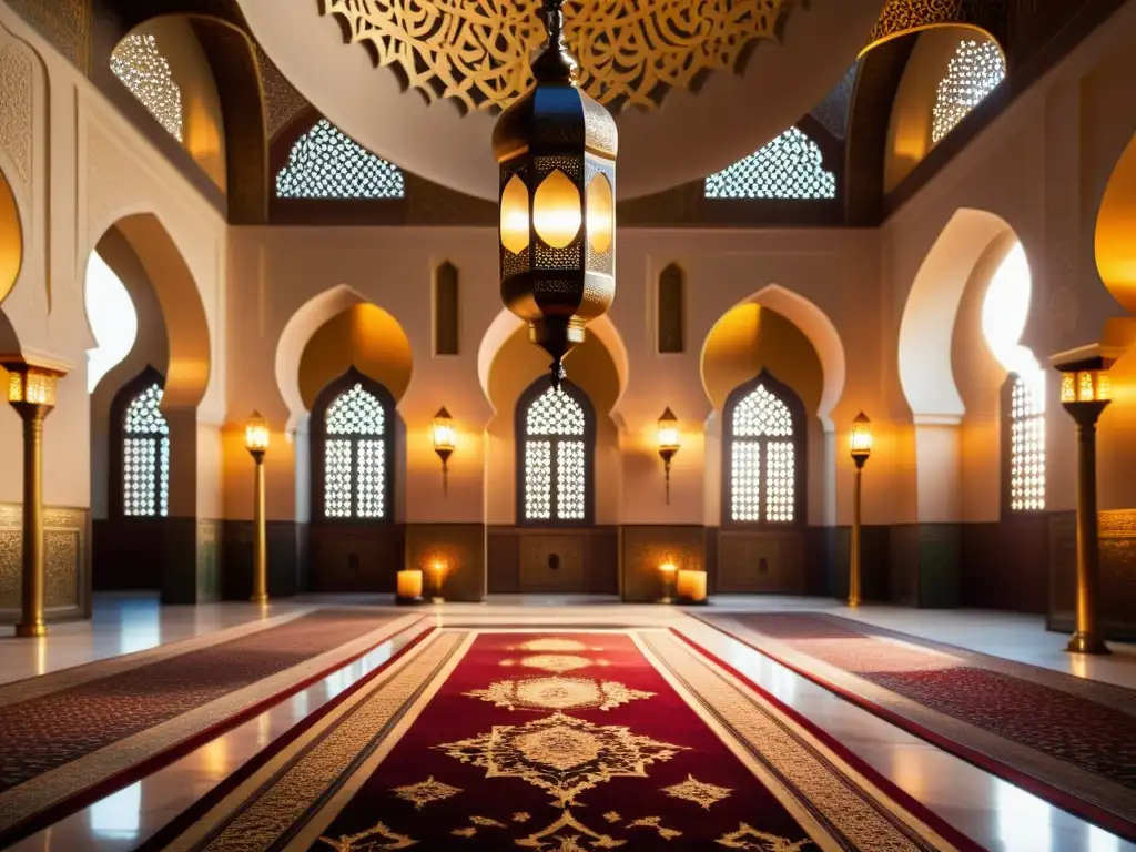 Maravillosa imagen de lámparas y candelabros cultura islámica iluminando una mezquita con caligrafía y alfombras ricamente decoradas