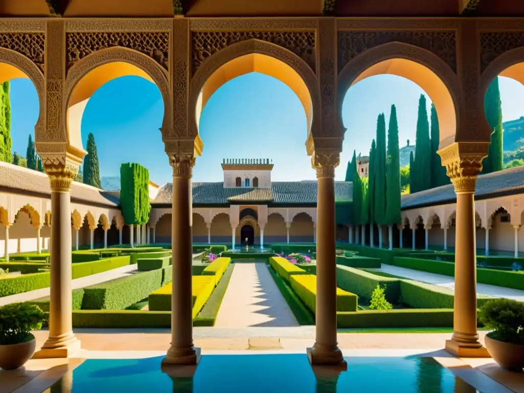 Maravillosa imagen del legado cultural del Islam en Al-Ándalus, con la impresionante Alhambra de Granada, sus jardines, arcos y detalles decorativos