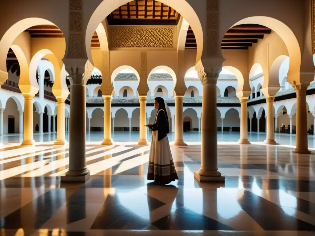 Maravillosa imagen del liderazgo femenino en el Islam en la Mezquita de Córdoba, con mujeres empoderadas en un tranquilo patio