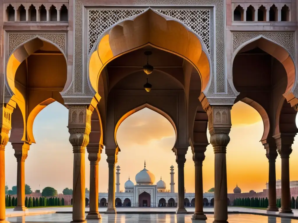 Maravillosa fusión de la influencia islámica en la arquitectura india: la luz dorada del atardecer destaca los detalles de la intrincada Mezquita Badshahi en Lahore, Pakistán