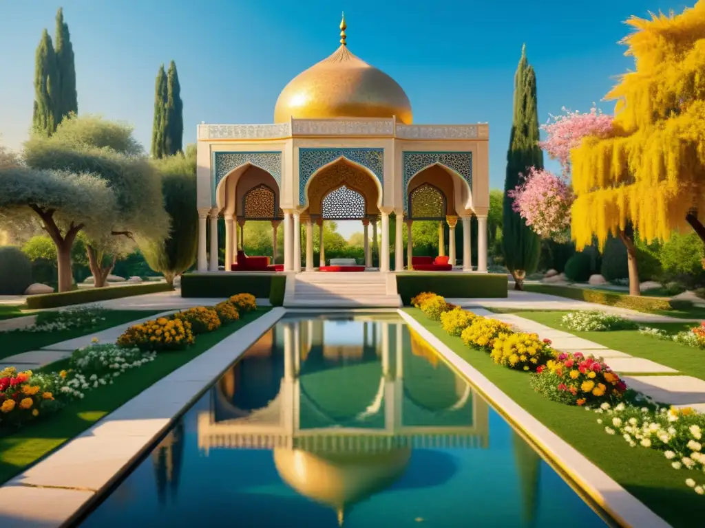 Maravilloso jardín persa con flores coloridas, un estanque tranquilo y un pabellón de mármol, evocando la belleza lírica de la poesía de Hafiz