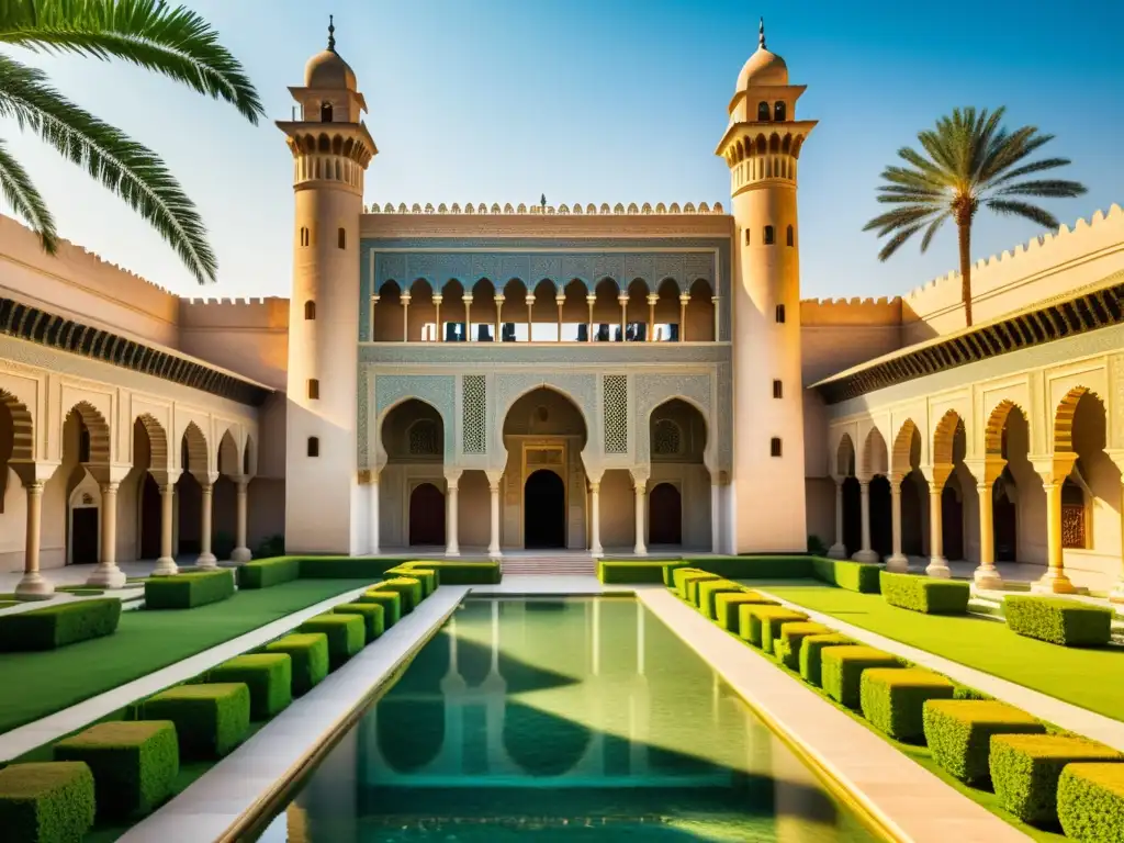 Maravilloso palacio mameluco en El Cairo, con arquitectura medieval y exquisitos detalles, rodeado de jardines y fuentes elegantes